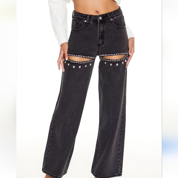Forever 21 NWTs Bratz x F21 Rhinestone Wide-Leg Cutout Jeans - Picture 6 of 9